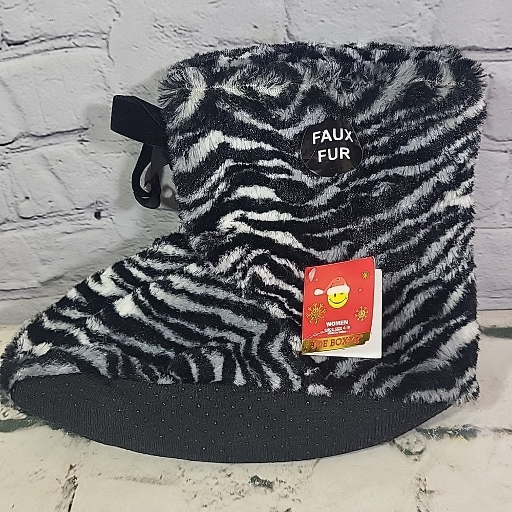 Y2K Joe Boxer Slippers Faux Fur Zebra Booties Womens O/S 4-10 Vintage Kmart Nos‎